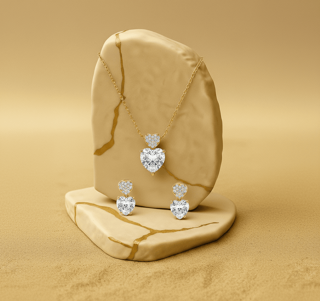 Conjunto Colar E Brinco Coracao Cravejado Banh Ouro18k- Gf8804