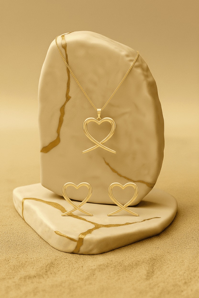 Conjunto Colar E Brinco Coracao Vaz Gd Banh Ouro 18k- Gf9074