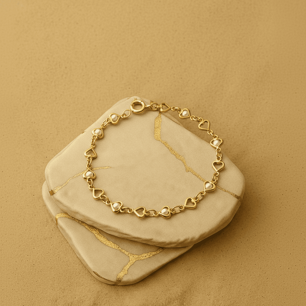 Pulseira Inf Coracao E Perolas Banh Ouro 18k - Pl0867