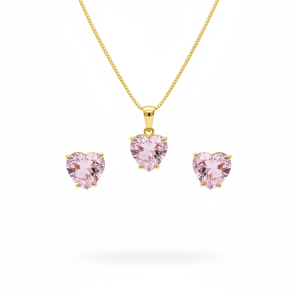 Conjunto Colar E Brinco Coracao Rosa Banh Ouro 18k- Gfcj03