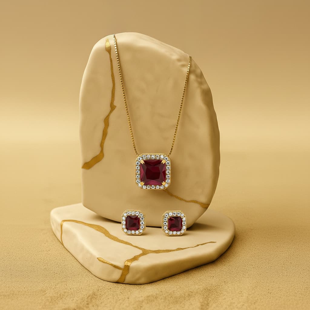 Conjunto Colar E Brinco Quad C Micro Zirc Banh Ouro 18k- Gf8735