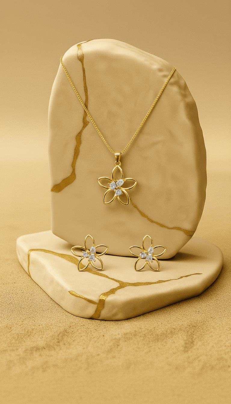 Conjunto Brinco E Colar Flor C Zirc Banho Ouro 18k- Gf8967