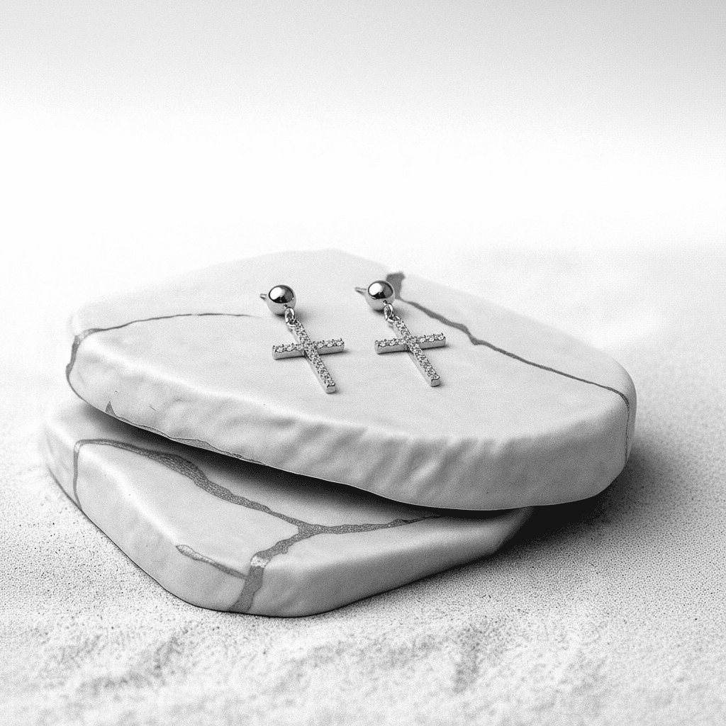 Brinco Cruz Com Pedras Strass Rodio Branco - Br4352