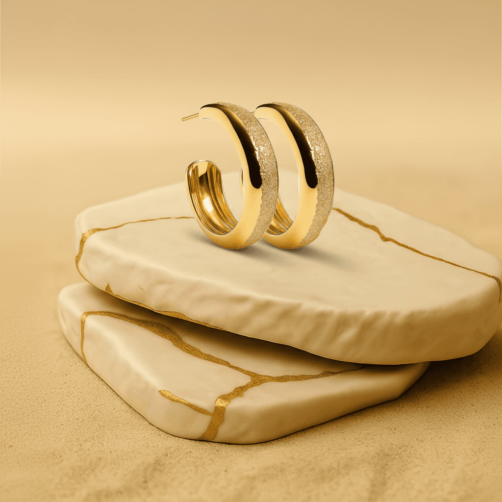 Brinco Argola Med Larga Meio Jateado Banh Ouro 18k- Br06197