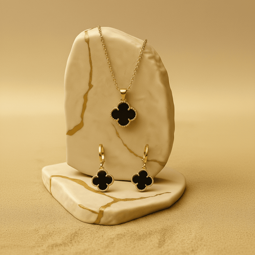 Conj Trevo Gd Alhambra  Colar E Brinco Banh Ouro18k- Gfmd295b